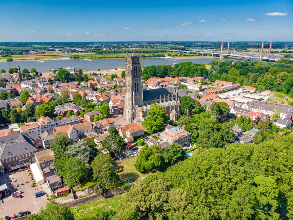 Zaltbommel met de Waal en de brug op de achtergrond