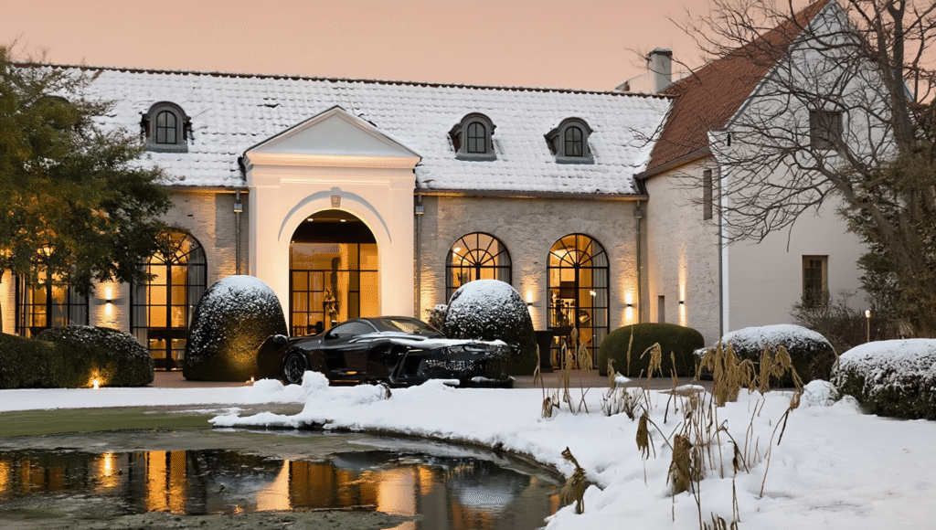Gen4 Subject A black luxury sports car is parked prominently under the arched entrance por 169304542 - Stichting Bureau Toerisme