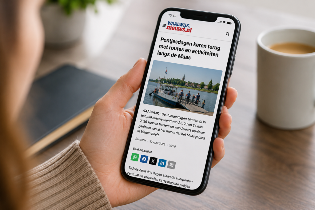 pontjesdagen nieuws - Stichting Bureau Toerisme Mobile screen shows a Dutch news article about Pontjesdagen returning with routes along the Maas, with a boat photo on the page.
