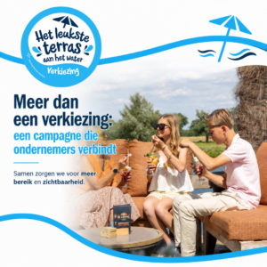 terrasverkiezing | ondernemers 1 - Stichting Bureau Toerisme - Stichting Bureau Toerisme Campaign banner with a blue circular logo in the top left and a group of friends on a terrace, promoting a campaign that connects entrepreneurs. Text reads: 'Meer dan een verkiezing: een campagne die ondernemers verbindt'.