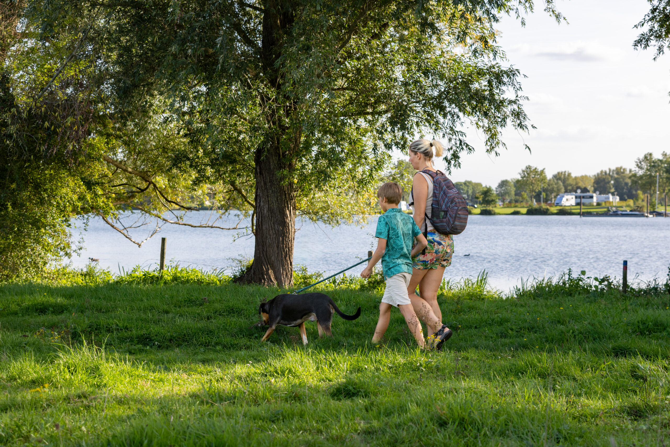 Wandelaars met een hond langs het water bij de Moringerwaarden in recreatiegebied de Gouden Ham