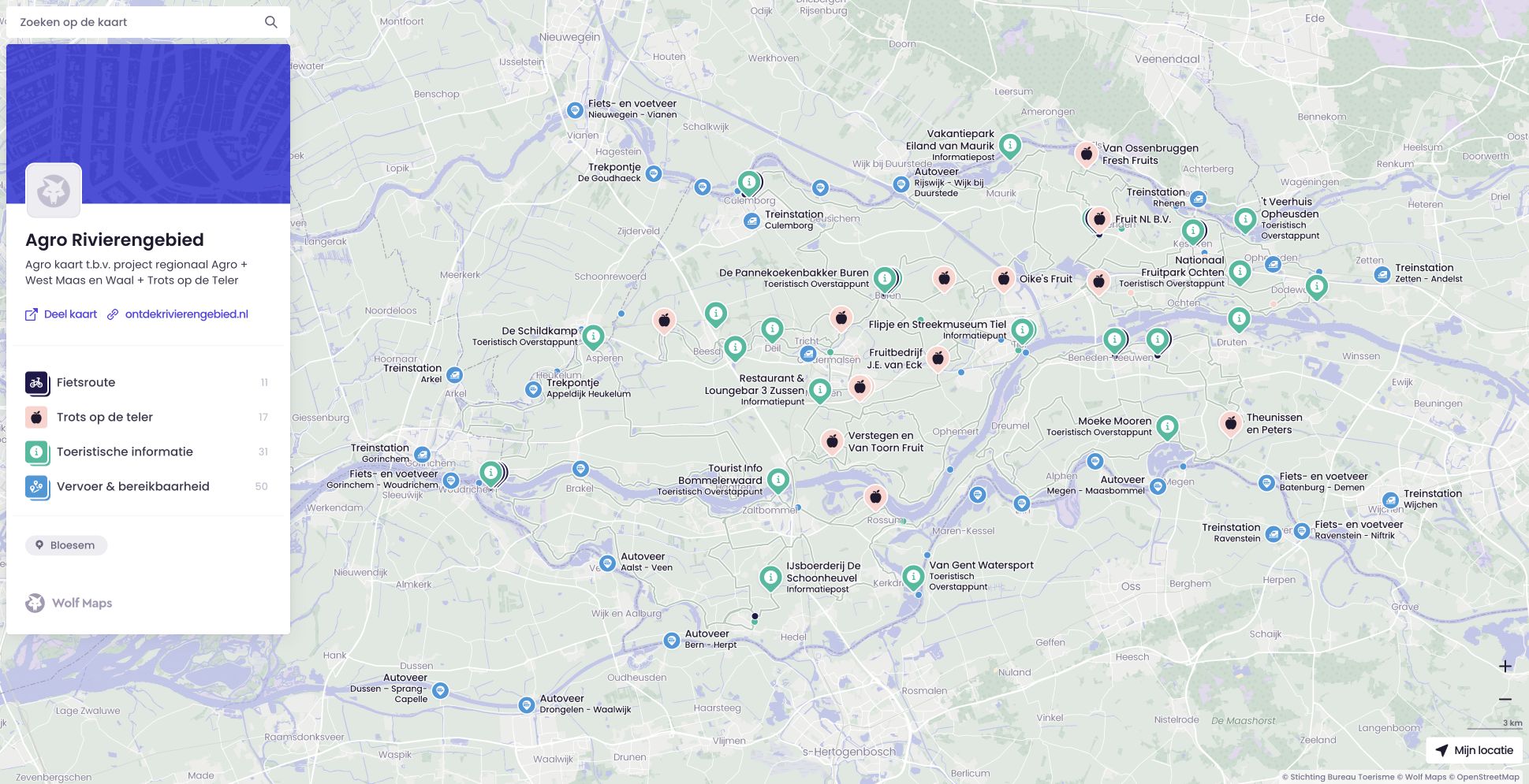 Digitale agrotoeristische kaart met routes en locaties in het Rivierengebied